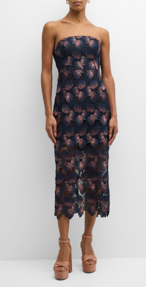 Milly - Strapless Ombre Floral Lace Midi Dress