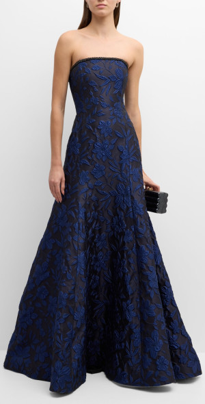 Naeem Khan - Blue Jacquard Gown with Embroidered Detail