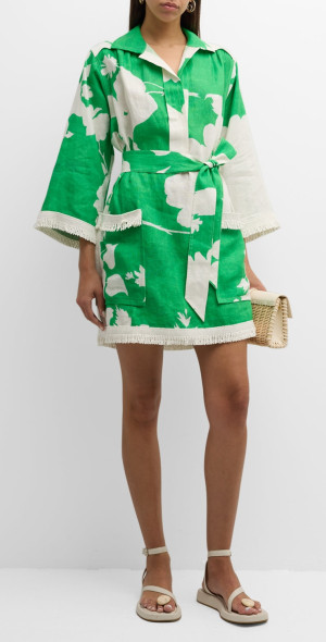 Oroton - Belted Floral-Print Fringe-Trim Mini Dress Oroton - Belted Floral-Print Fringe-Trim Mini Dress
