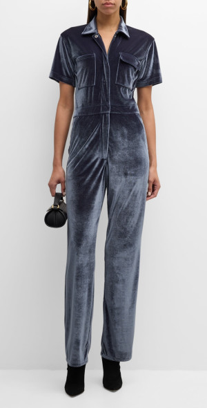 Rivet Utility Worker Velvet Short-Sleeve Jumpsuit