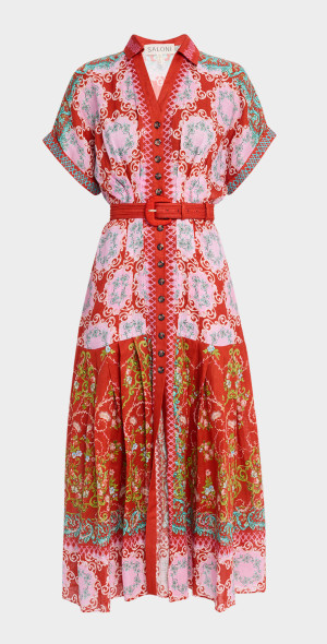 Saloni - Riya-B Belted Floral Linen Maxi Shirt Dress