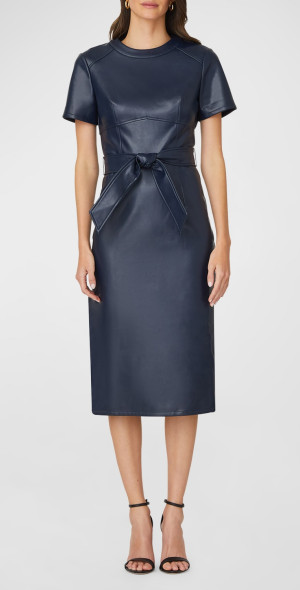 Shoshanna - Rhonda Belted Faux Leather Midi Sheath Dress