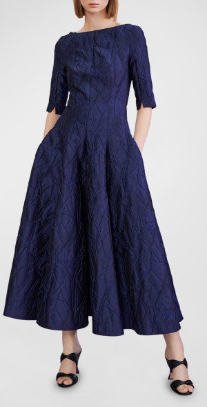 Talbot Runhof - Rose Jacquard Elbow-Sleeve Midi Dress Talbot Runhof - Rose Jacquard Elbow-Sleeve Midi Dress