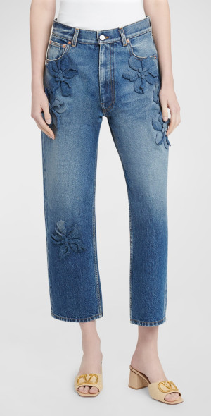 Valentino Garavani - Cropped Wide-Leg Jeans with Flower Detail