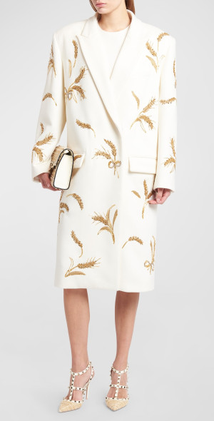 Valentino Garavani Ears of Wheat Embroidered Compact Cashmere Coat