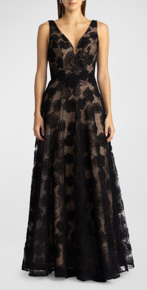 lace o neck dress hollow Sheer Lace Square-Neck Ruched Gown in Black - M main image 0