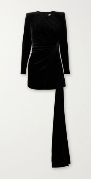 alex perry black velvet dress Alex Perry Laken Velvet One Shoulder Wrap Mini Dress in Black