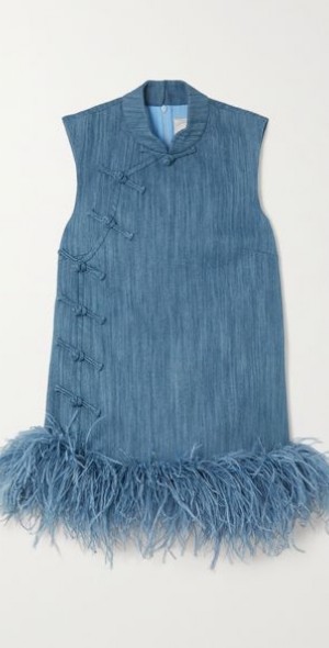 HUISHAN ZHANG - Yubi feather-trimmed knotted cotton-blend chambray top