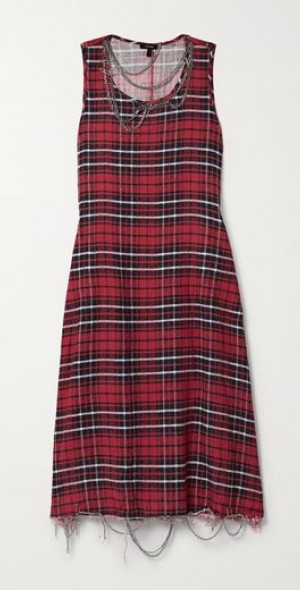 R13 - Embellished distressed checked brushed-linen midi dress