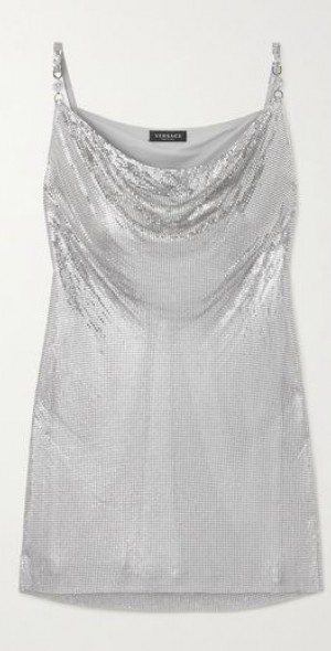 versace silver mini dress Draped Liquid Jersey Mini Cocktail Dress