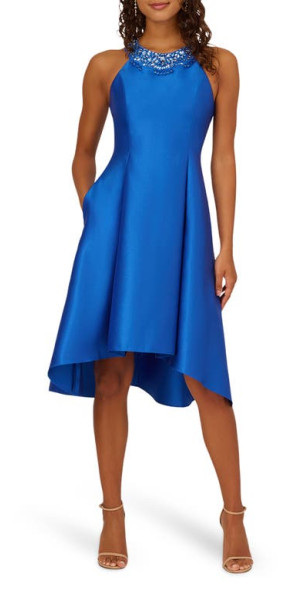 Adrianna Papell Beaded Neck Mikado Midi Fit Flare Dress in