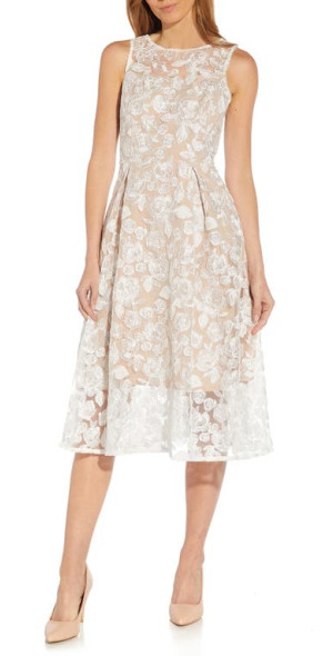 Adrianna Papell - Floral Embroidered Fit & Flare Midi Dress in Ivory/Bisque  at Nordstrom
