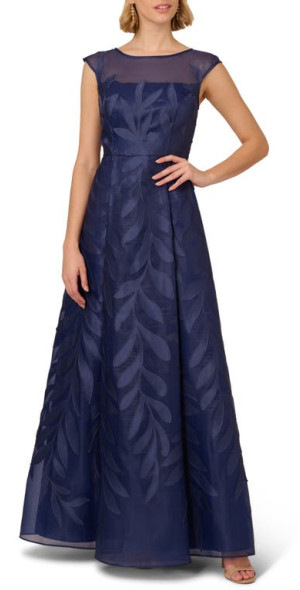 Adrianna Papell - Leaf Appliqu Organza Gown in Navy Sateen at Nordstrom