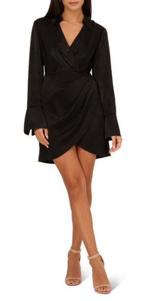 Adrianna Papell - Long Sleeve Satin Mini Shirtdress in Black at Nordstrom