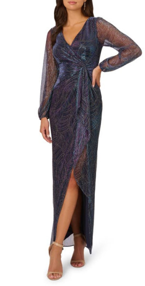 Adrianna Papell Metallic Mesh Long Sleeve Gown in Gold/Blue at