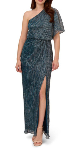 Adrianna Papell Metallic Mesh One-Shoulder Gown in Teal at Nordstrom
