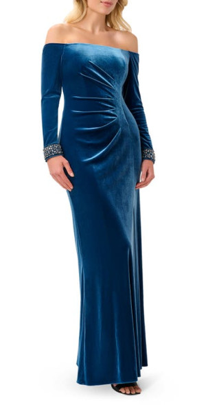 chinese dress ladies Zapaka Women Burgundy Velvet Off The Shoulder Long Sleeves Floor Length Evening Dress, Burgundy / L