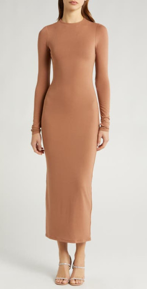 knee length dresses for ladies Afrm Nettie Long Sleeve Backless Maxi Dress in Caramel Animal at Nordstrom, Size Large