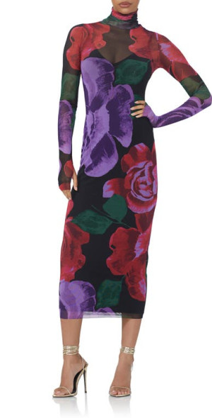 AFRM - Shailene Turtleneck Long Sleeve Mesh Dress in Oversized Bloom