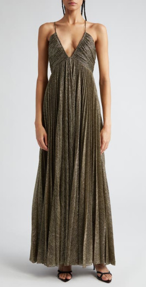 Angelina Pleated Metallic Maxi Dress in Gold at