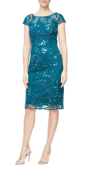 Alex Evenings Sequin Embroidered Sheath Dress in Peacock at