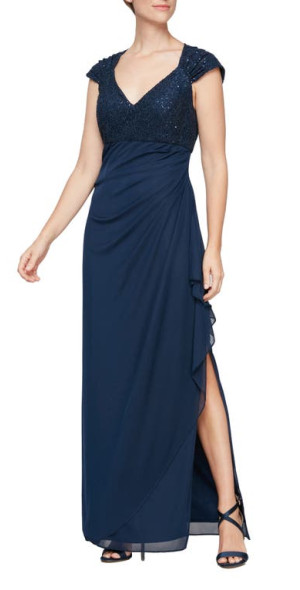 knee length dresses for ladies Zapaka Women Navy Long Sleeves A-Line Lace Long Mother of The Bride Dress V-Neck Long Sleeves Wedding Guest Dress, Navy / US2 main image 1