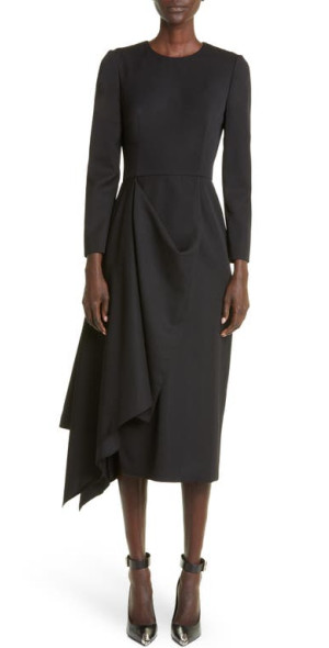 Alexander McQueen - Drape Detail Long Sleeve Wool Midi Dress in Black at  Nordstrom
