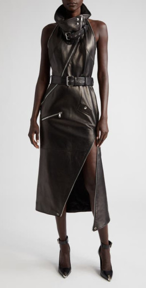 Alexander McQueen - Funnel Neck Biker Lambskin Leather Midi Dress in 1000  Black at Nordstrom