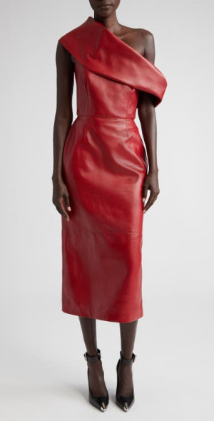 Alexander McQueen - One-Shoulder Draped Leather Midi Dress in Blood Red at  Nordstrom