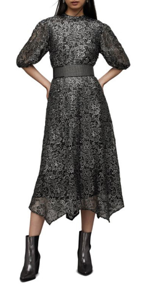 AllSaints Camila Broderie Lace Midi Dress in Gunmetal Grey at