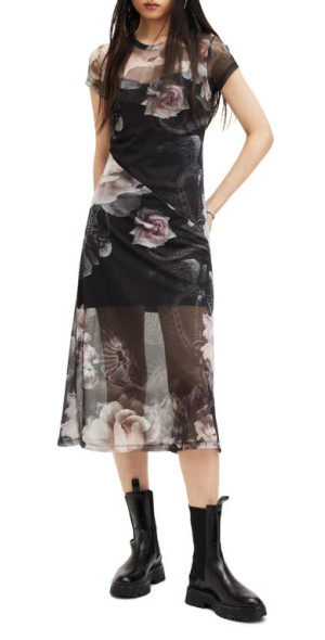 AllSaints Hanna Valley Floral Mesh Midi Dress in Black Mono at