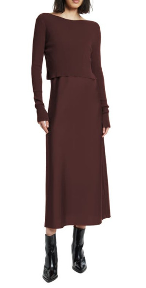 AllSaints Hera Satin Slipdress with Rib Sweater in Rust Brown at