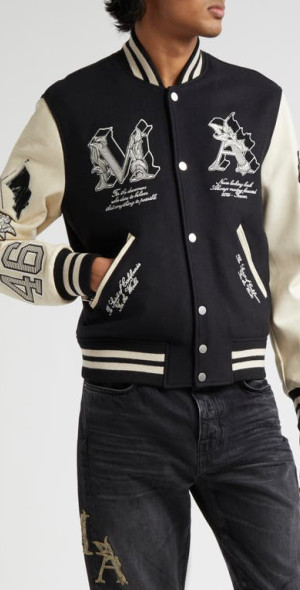 Angel Varcity Jacket Amiri 2度着用 AMIRI - Angel Graphics Oversize Leather Sleeve Wool Blend Varsity