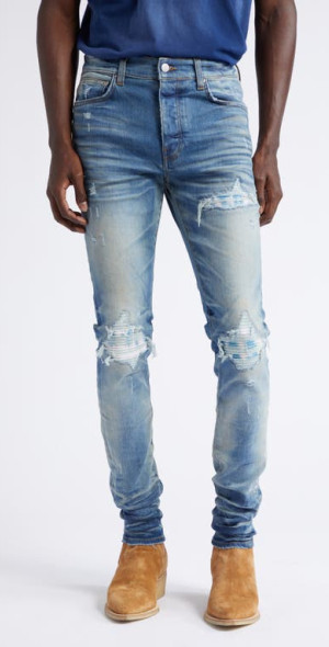AMIRI MX1 Paisley Patch Ripped Stretch Skinny Jeans in Honeycomb