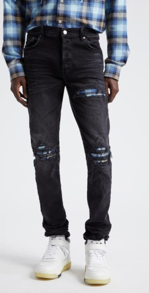 AMIRI MX1 Plaid Ripped Patched Stretch Skinny Jeans in Faded Black
