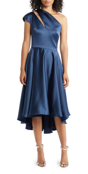 Amsale One-Shoulder High-Low Satin Cocktail Dress in French Blue