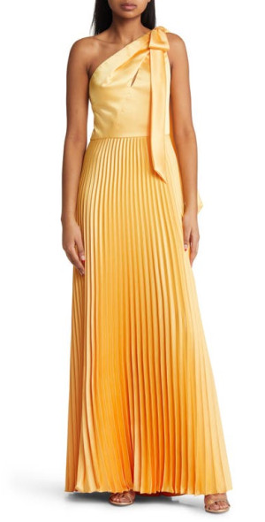 Amsale Pleated One-Shoulder Satin Gown in Marigold at Nordstrom