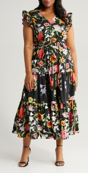 Anne Klein - Floral Ruffle Drawstring Waist Cotton Maxi Dress in Anne Black  Multi at Nordstrom