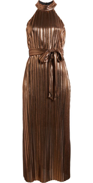 Anne Klein Metallic Plissé Tie Waist Maxi Dress in Bronze at