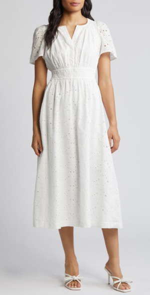 Anne Klein Short Sleeve Cotton Eyelet Midi Dress in Pearl White