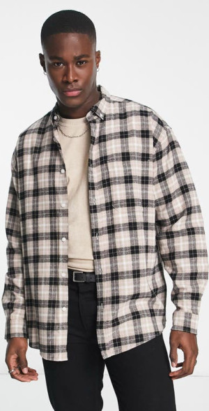 ASOS DESIGN '90s Check Oversize Flannel Button-Down Shirt in Beige