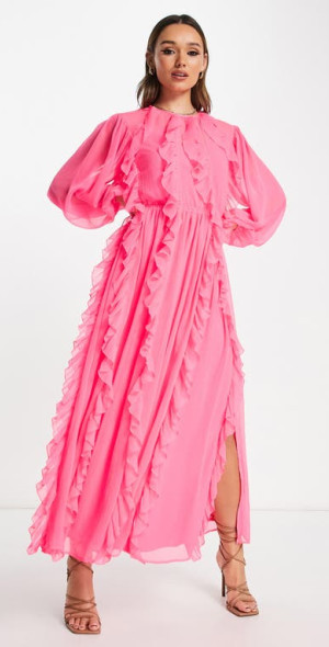 ASOS DESIGN Ruffle Detail Long Sleeve Maxi Dress in Bright Pink