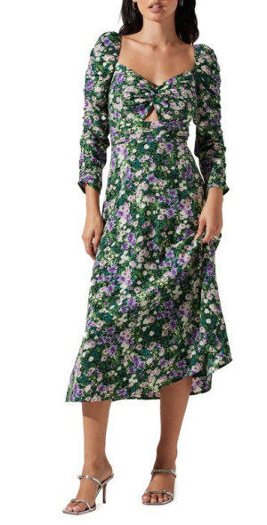 ASTR the Label Floral Keyhole Long Sleeve Midi Dress in Green