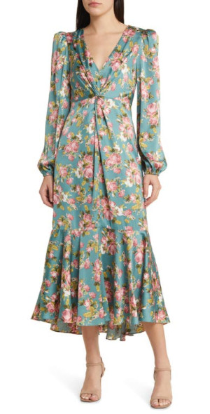 ASTR the Label Floral Print Long Sleeve Midi Dress in Blue