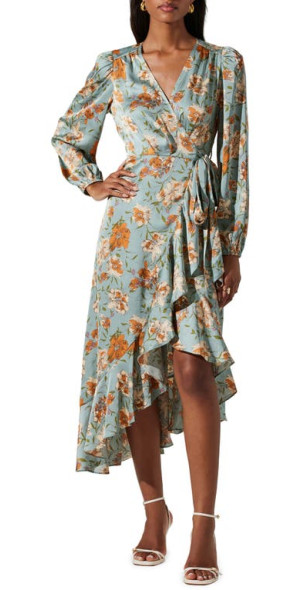 ASTR the Label Floral Satin Long Sleeve Wrap Dress in Dusty Blue