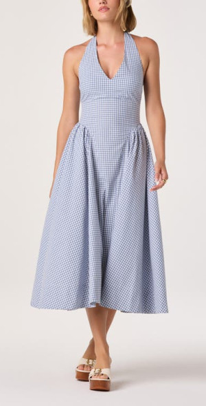 Astr The Label Meana Gingham Halter Neck Drop Waist Midi Dress