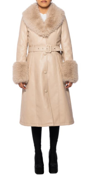 AZALEA WANG Belted Faux Fur Trim Faux Leather Trench Coat in