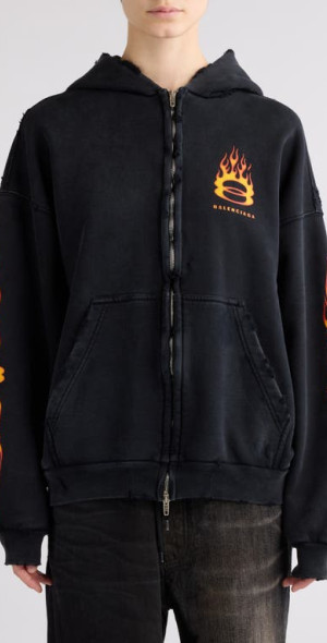 Balenciaga - Zip-Up Distressed Graphic Hoodie in Washed Out Black