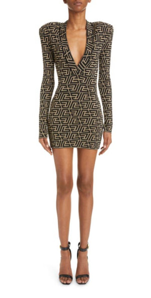Balmain - Pyramid Metallic Monogram Jacquard Body-Con Minidress in Black/ Gold at Nordstrom