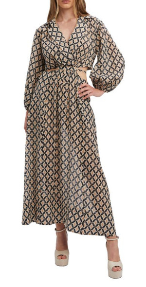 long sleeve cut out maxi dress in beige Long Sleeve Cut Out Gold Trim Detail Maxi Dress In Cream | EGO US